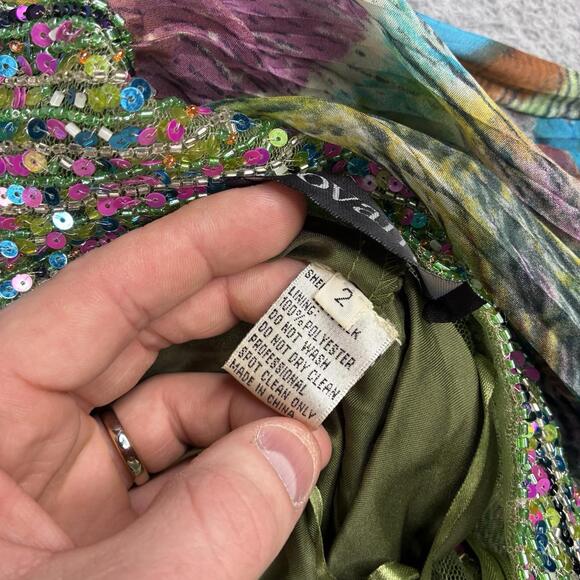 Jovani Women’s 2 Peacock Print Sequin Silk Open Back Halter Long Prom Gown Dress - Picture 9 of 12